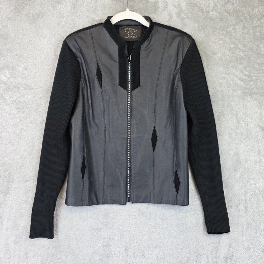 Ying Ying Of Nevada Jacket Womens Medium Black Leather Knit Rhinestone Zip Trim